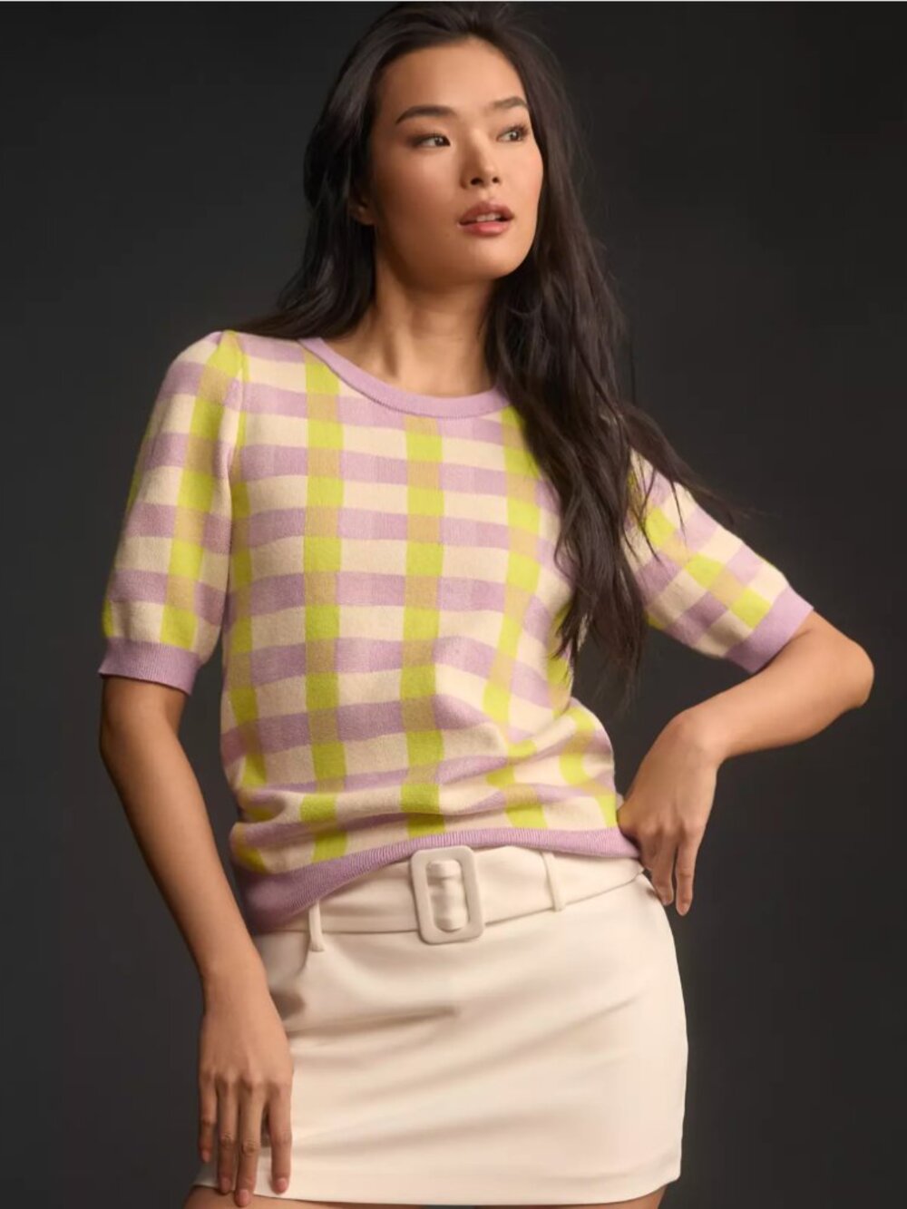 Maeve Anthropologie Plaid Lavender Lime Harmon Jacquard Sweater Tee Preppy XS